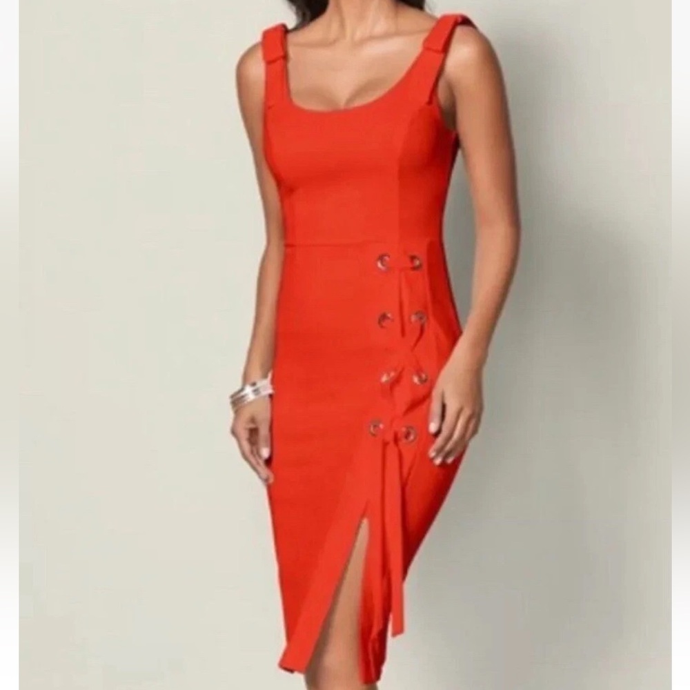 Venus Orange Lace Up Midi Dress, Shoulder Bows, Bodycon size XL, Bright and Bold